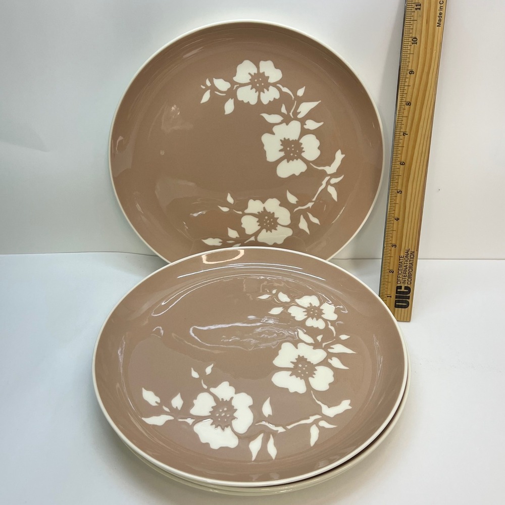 Harkerware Tan dogwood Floral Dinner Plates Set of 4 Mid Century Modern 10in USA